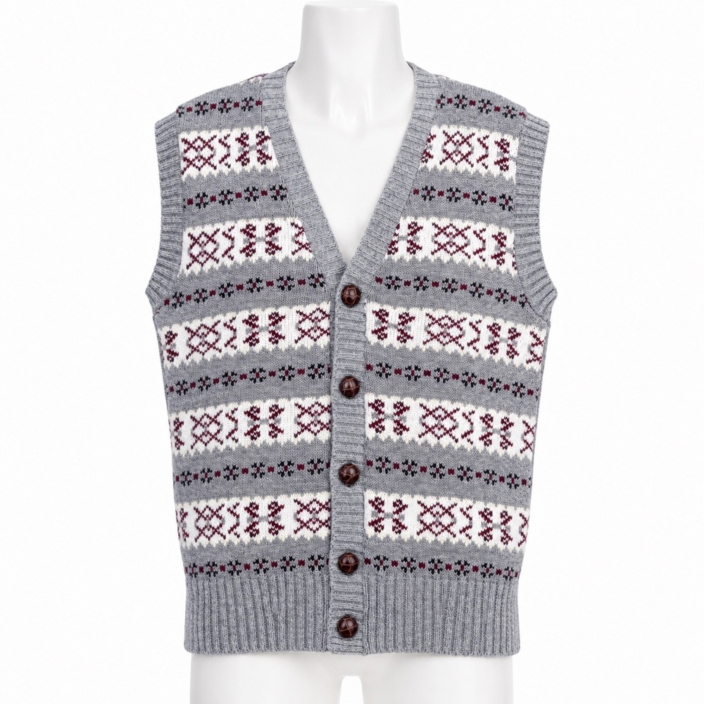 Vintage‎ Van Heusen Fair Isle Sweater Vest Cardigan Gray Grandpa Mens L Button